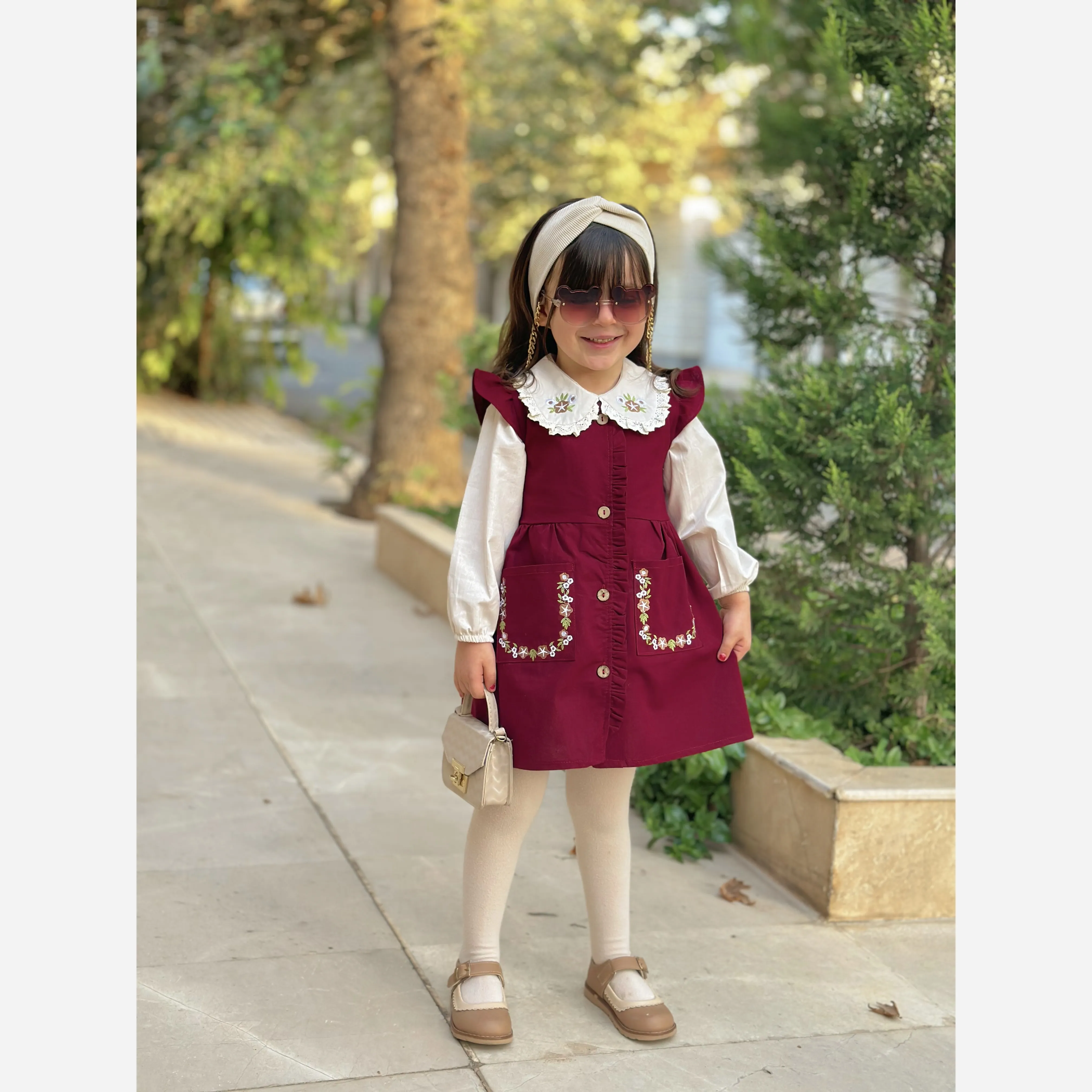 شومیز سارافون دخترانه لینن کتان زرشکی مناسب 3 تا 9 سال ست دو تیکه گلدوزی شده