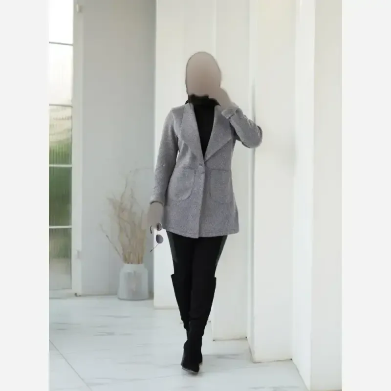 پالتو یقه آرشال زنانه جنس کوپرا کیفیت عالی قد 80 ذغالی طوسی