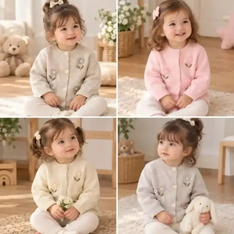 بلوز گپ جلوباز گل برجسته دخترانه ژاکت بافت بچگانه سایز 6 ماه تا 3 سال
