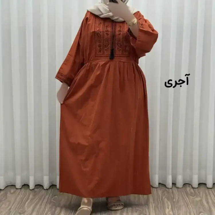 پیراهن لینن گلدوزی مایا کد 1745 فری سایز زنانه چهارفصل تنخور شیک و راحت بدون سایه اندازی و بدن نما