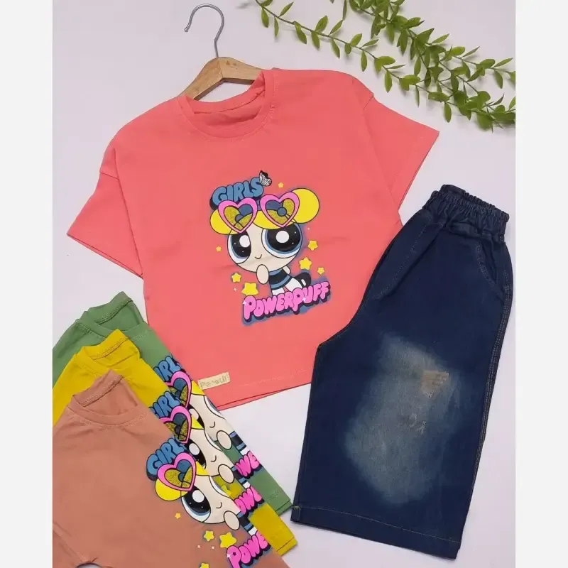 ست تیشرت و شلوارک جین دخترانه سایز 35 تا 50
