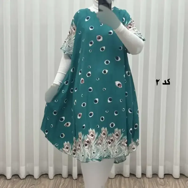 پیراهن ساحلی زنانه نخی آستین کوتاه فری سایز مناسب تا سایز 52